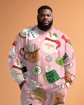 Big & Tall Men's Christmas Pink Cartoon Graffiti Print Long Sleeve T-Shirt Pants Set